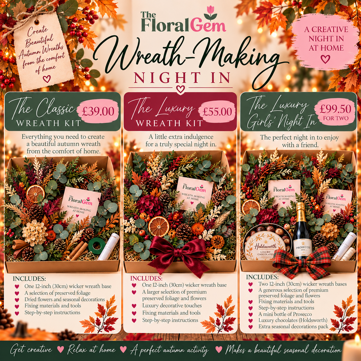 The Floral Gem Wreath-Making Night In at-home kit options poster